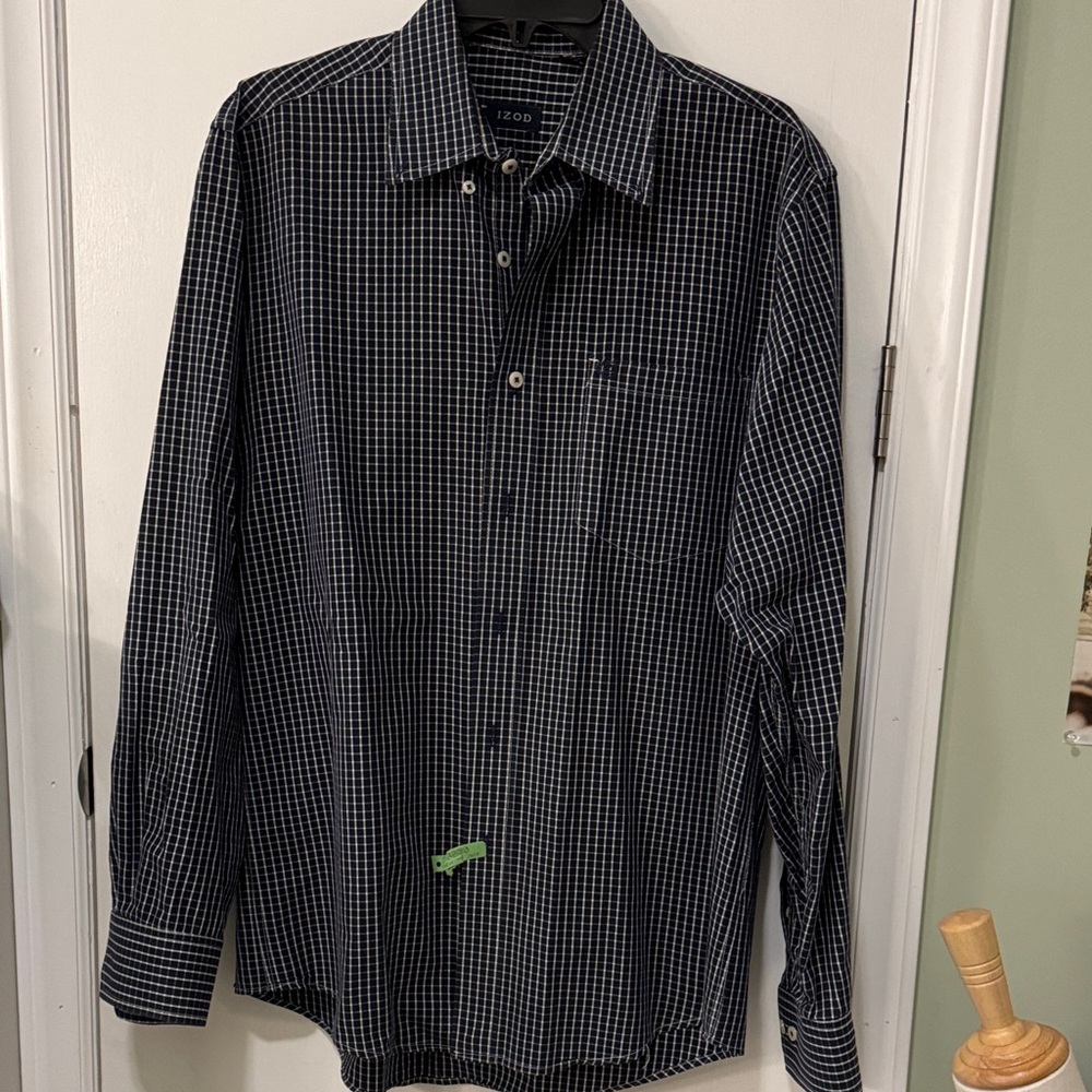 Izod Men's Navy Checkered Button Down Shirt
